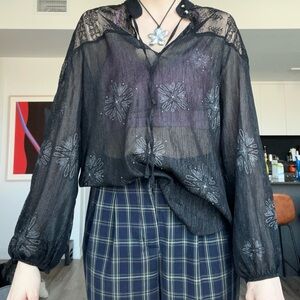 Desigual Sheer Black Floral Embroidered Long-Sleeve Blouse